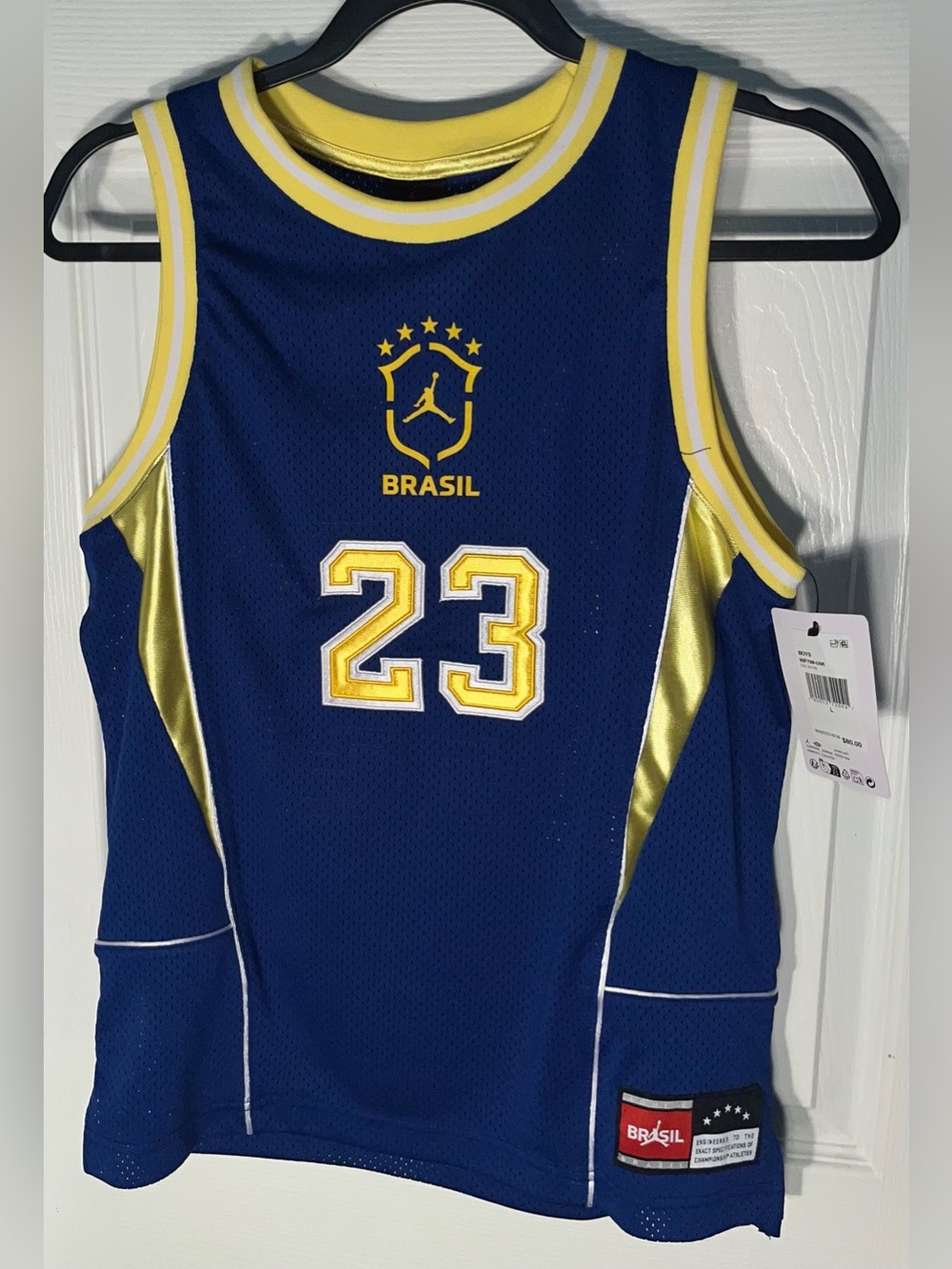 $80 Boy’s Nike Air Jordan x Brasil #23 Blue Yellow Mesh Basketball Jersey Large